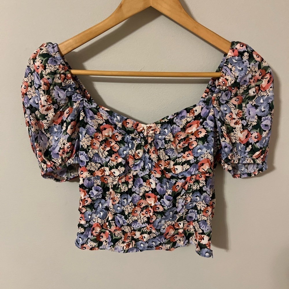 & Other Stories Floral Puffsleeve Ruched Top Size 2/XS